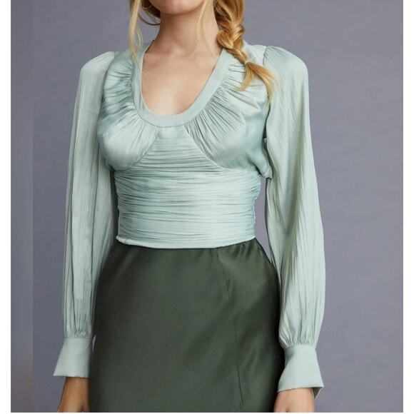 Anthropologie Backless Mint Green Ruched Blouse Women's Size M Elegant Satin Top - Picture 4 of 13